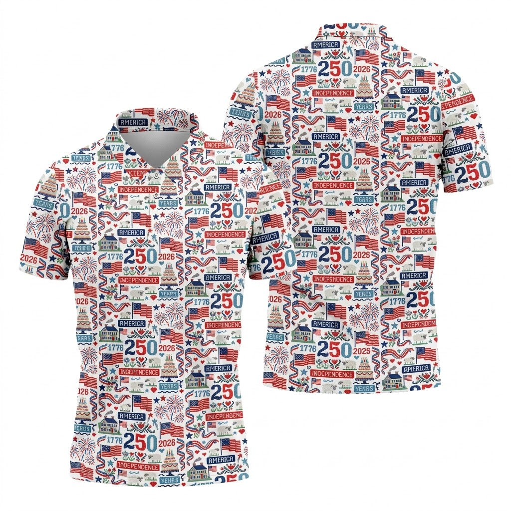 America Independence 250 Years White Golf Shirt, Patriotic 4th Of July Golf Shirts For Men