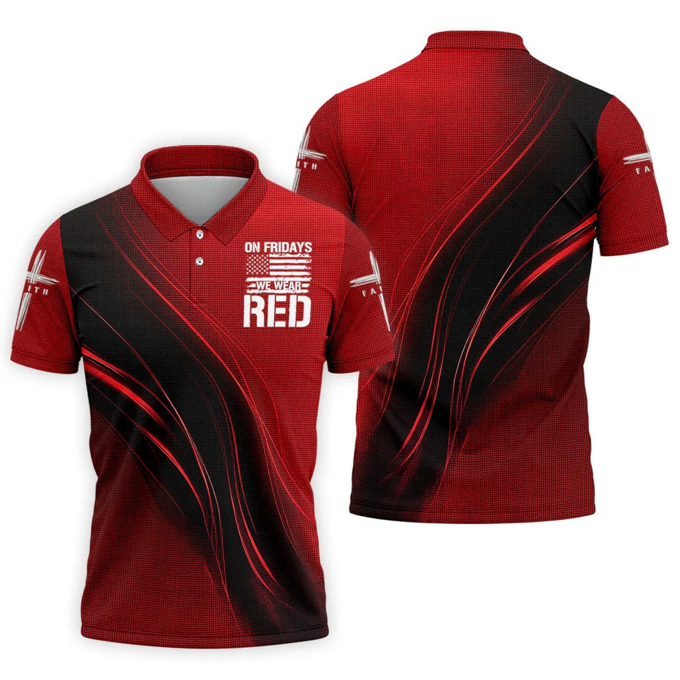 On Friday We Wear Red Faith Cross Red Black Gradient Patriotic Golf Shirt, 250 Years Polo Shirts For Men