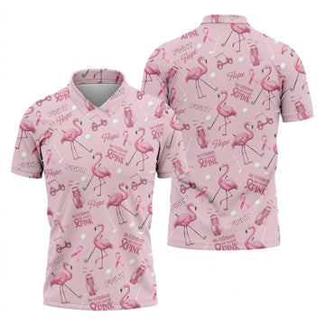 Funny Flamingo Pink Ribbon Men's Polo ShirtBreast Cancer Awareness Shirt, Golf Shirts For Men
