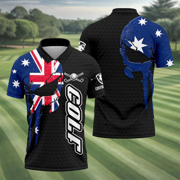 Cool Skull Golf Ball Pattern Australia Flag Print Black Golf Shirt, Polo Shirts For Men