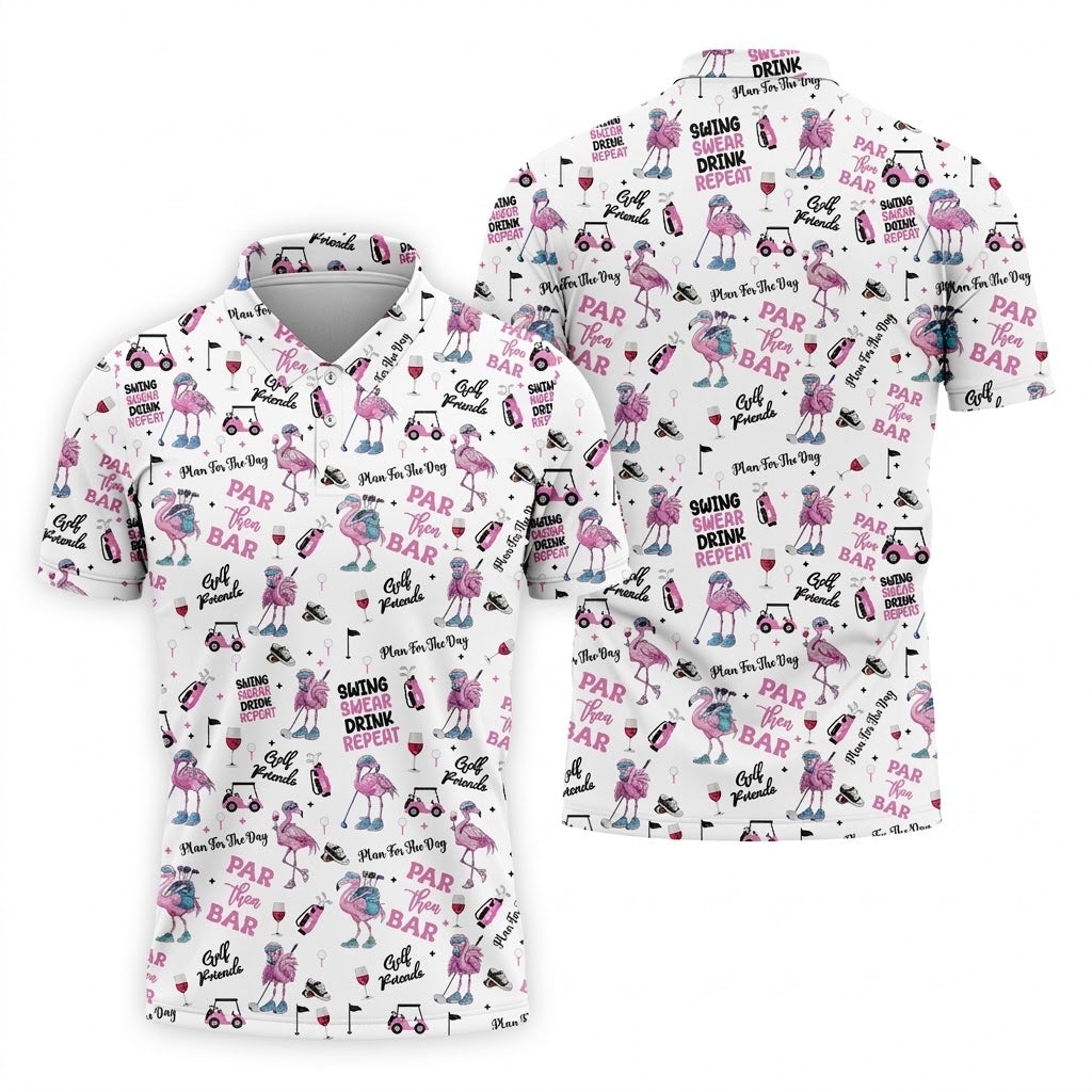 Par Then Bar Flamingo Funny Men Polo Shirt, Fun Golf Polos For Men, Golf Shirts, Dad Golf Gift