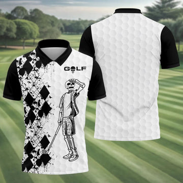 Golf Skeleton Splatter Effect Argyle Pattern Golf Tops For Men, Father's Day Golf Gift