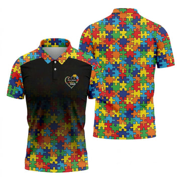 I'm A Proud Autism Dad Autism Awareness Puzzle Pattern Black Fade Golf Shirts For Men, Golf Gifts For Dad