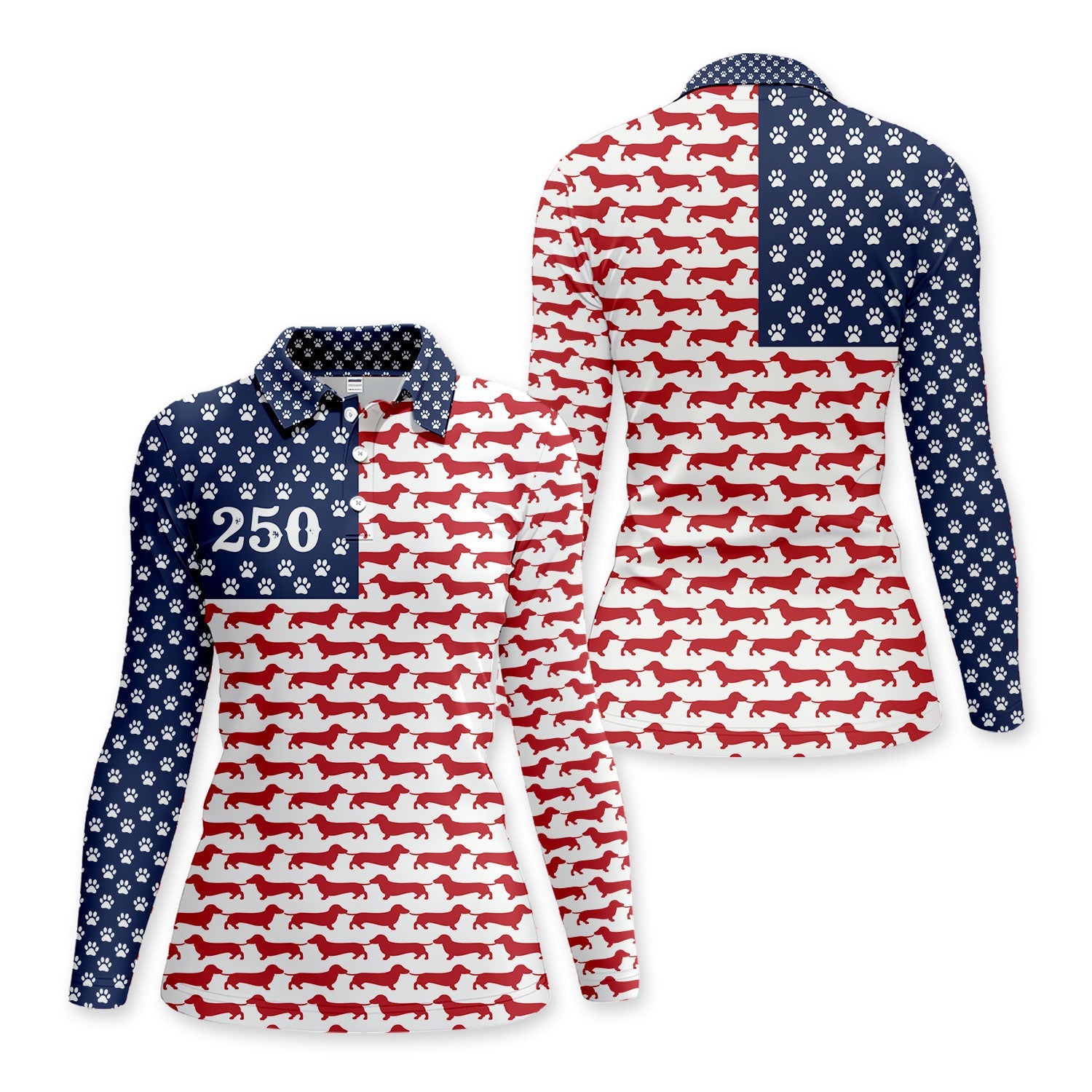 Dachshund USA Flag 250 Pattern Golf Polos, Crazy Dachshund Golf Shirt For Women, Funny Golf Shirt