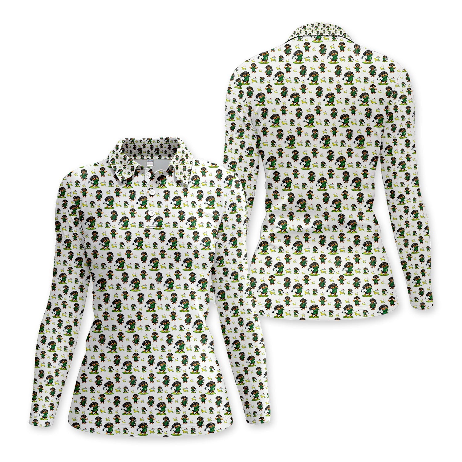 Funny Dachshund Golfing Golf Polos, Wiener Dog Pattern Golf Shirt For Women, Lucky Golf Vibes