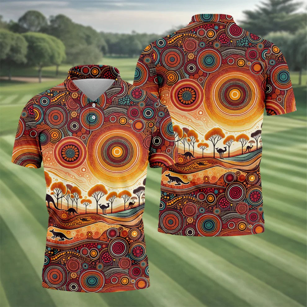 Australian Aboriginal Colourful Art Golf Tops For Men, Australia Kangaroo Polo Shirts For Men