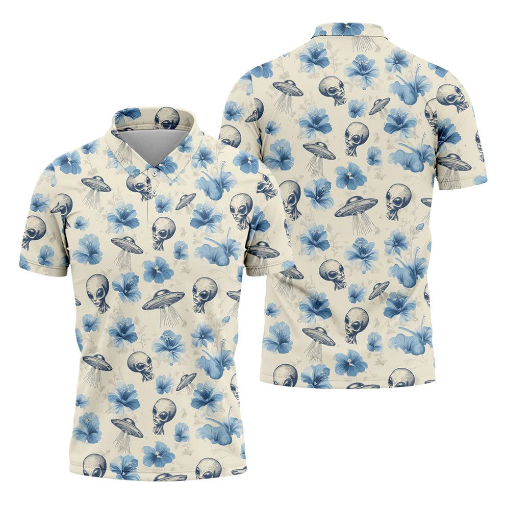 Funny Alien Blue Hibicus Tropical Theme Hawaiian Golf Shirt, Polo Shirts For Men, Golfing Apparel