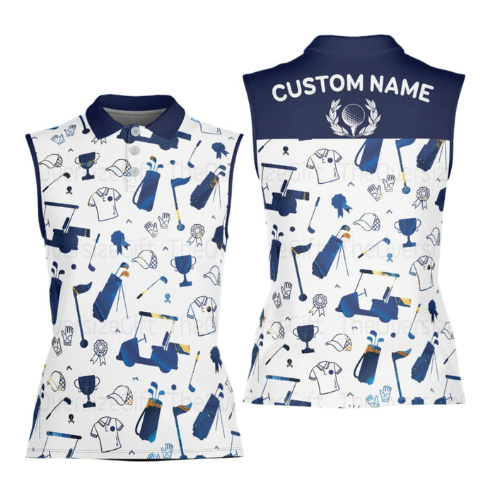 Women's White And Blue Patterned Golf Polos, Womens Sleeveless Golf Shirts, Cute Womens Golf Clothes