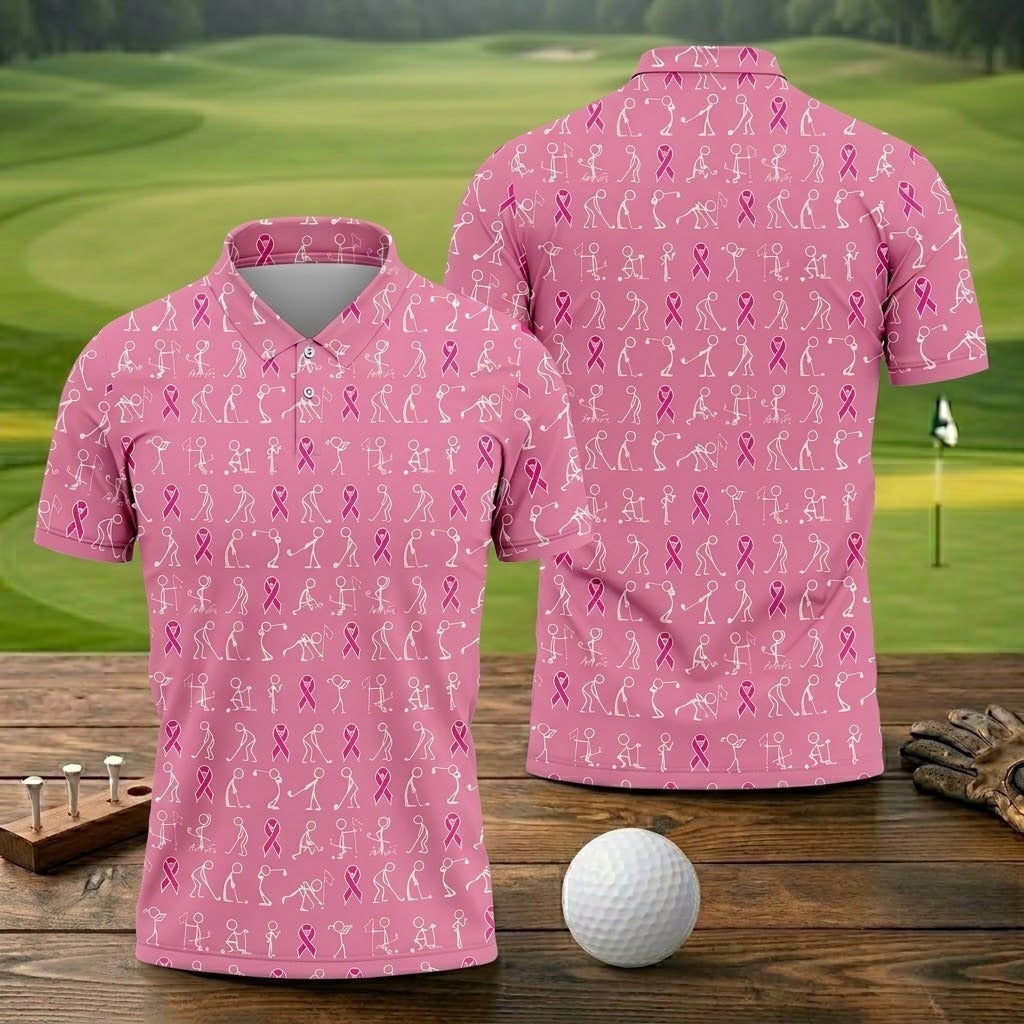 Funny Stick Figure Men's Golf Shirt, Breast Cancer Awareness Shirt, Pink Golf Shirt, Golf Shirts For Men