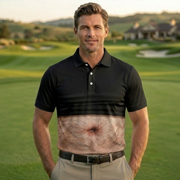 Men's Funny Hairy Belly Golf Polo, Realistic Stomach Print Shirt, Unique Golfer Gift