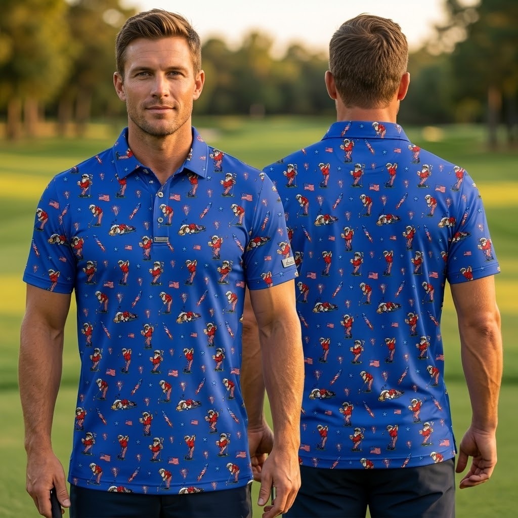 Funny Uncle Sam Golfing & Beer Blue Polo Shirt - Patriotic 4th of July Men's Golf Shirt, 250th Anniversary All-Over Print