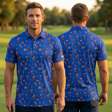 Funny Uncle Sam Golfing & Beer Blue Polo Shirt - Patriotic 4th of July Men's Golf Shirt, 250th Anniversary All-Over Print