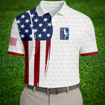 Golf Ball Pattern WTF Tour US Flag 4th Of July Patriotic Golf Shirt, 250th Anniversary Polo Shirts For Men