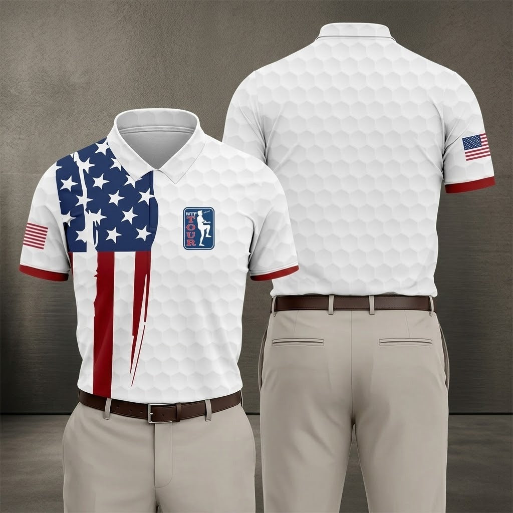 Golf Ball Pattern WTF Tour US Flag 4th Of July Patriotic Golf Shirt, 250th Anniversary Polo Shirts For Men