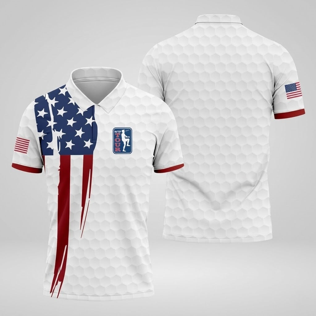 Golf Ball Pattern WTF Tour US Flag 4th Of July Patriotic Golf Shirt, 250th Anniversary Polo Shirts For Men