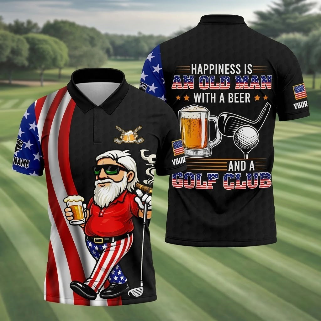 Funny Golf Gift for Men, Happiness Is an Old Man with a Beer USA Flag Polo Shirt, 250th Anniversary Golf Shirts For Men