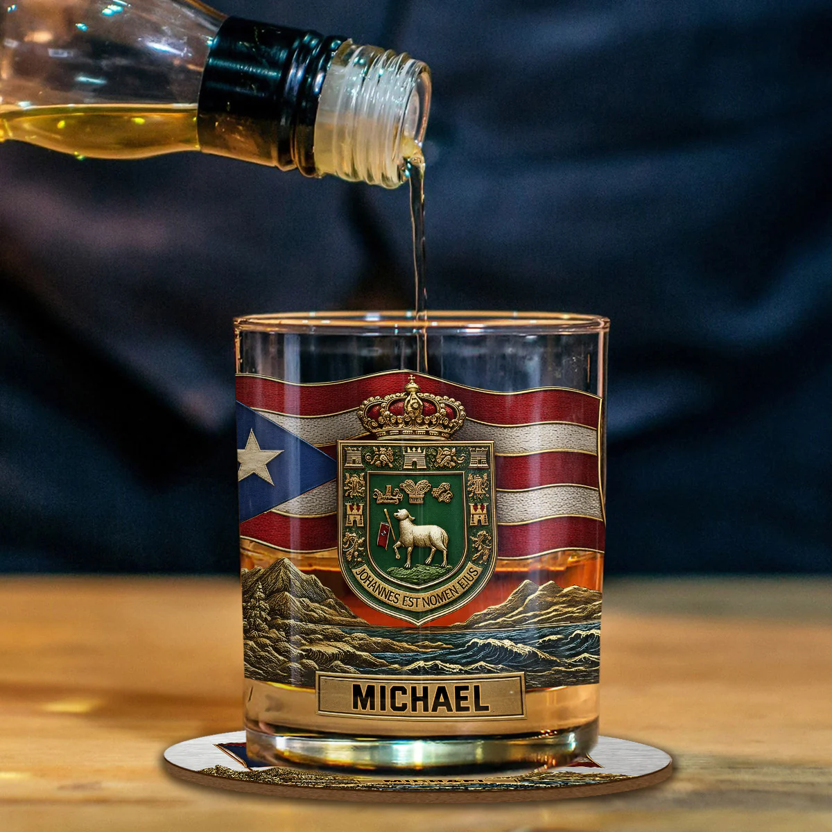 Puerto Rico Coat Of Arms Whiskey Decanter Set, Personalized Whiskey Glasses, Luxury Whiskey Glass, Man Cave Gift