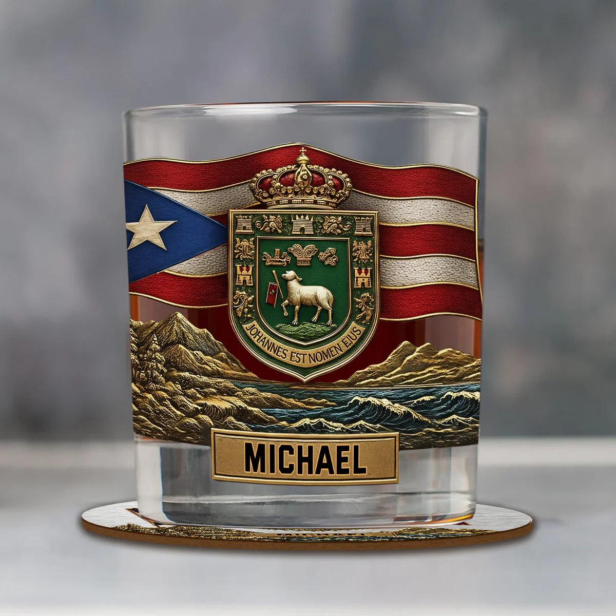 Puerto Rico Coat Of Arms Whiskey Decanter Set, Personalized Whiskey Glasses, Luxury Whiskey Glass, Man Cave Gift