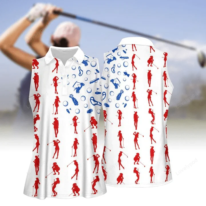 Silhouette American Flag Patriotic 4th Of July Women Sleeveless Polo Shirt, Golf Shirt For Women, Ladies Golf Polos