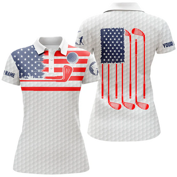 Custom Name American Flag Patriotic White Polo ShirtGolf Shirt For Women, Ladies Golf Polos