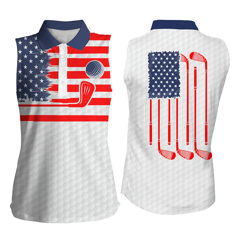 Custom Name American Flag Patriotic White Polo ShirtGolf Shirt For Women, Ladies Golf Polos
