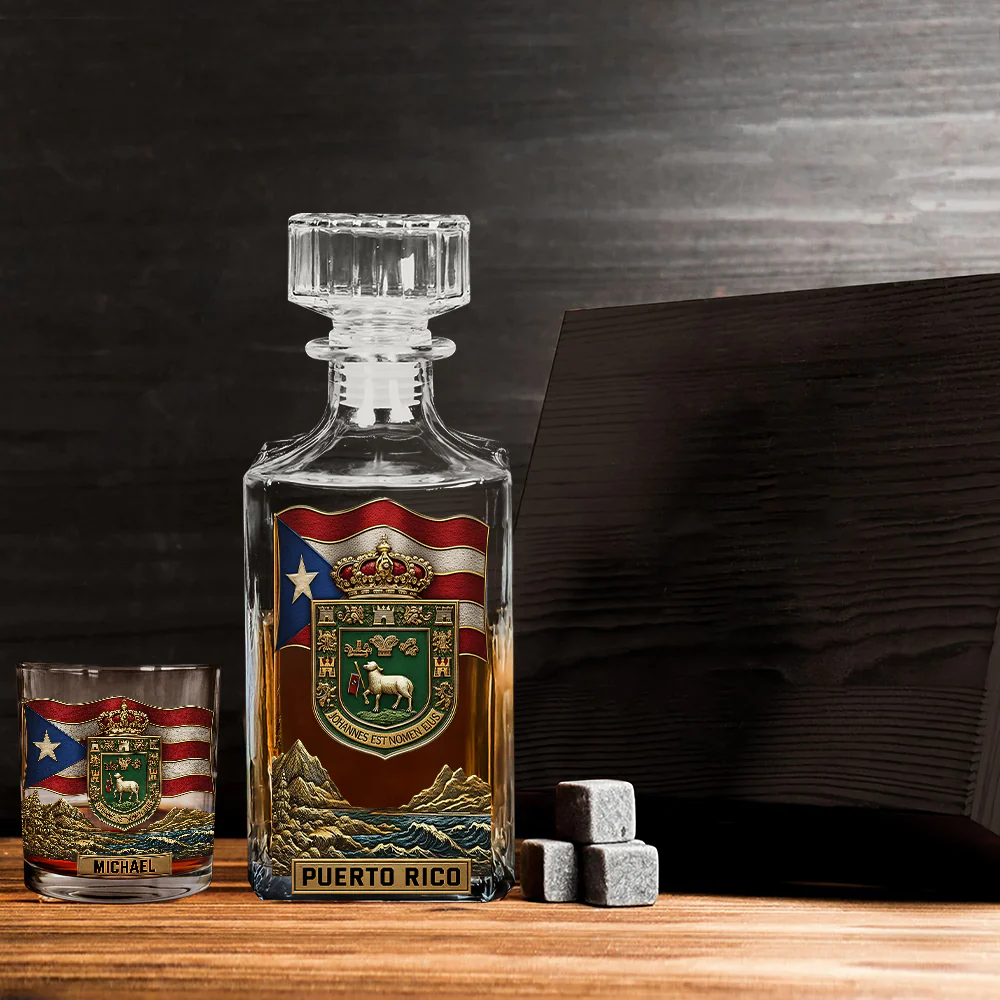Puerto Rico Coat Of Arms Whiskey Decanter Set, Personalized Whiskey Glasses, Luxury Whiskey Glass, Man Cave Gift
