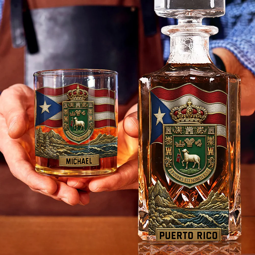 Puerto Rico Coat Of Arms Whiskey Decanter Set, Personalized Whiskey Glasses, Luxury Whiskey Glass, Man Cave Gift