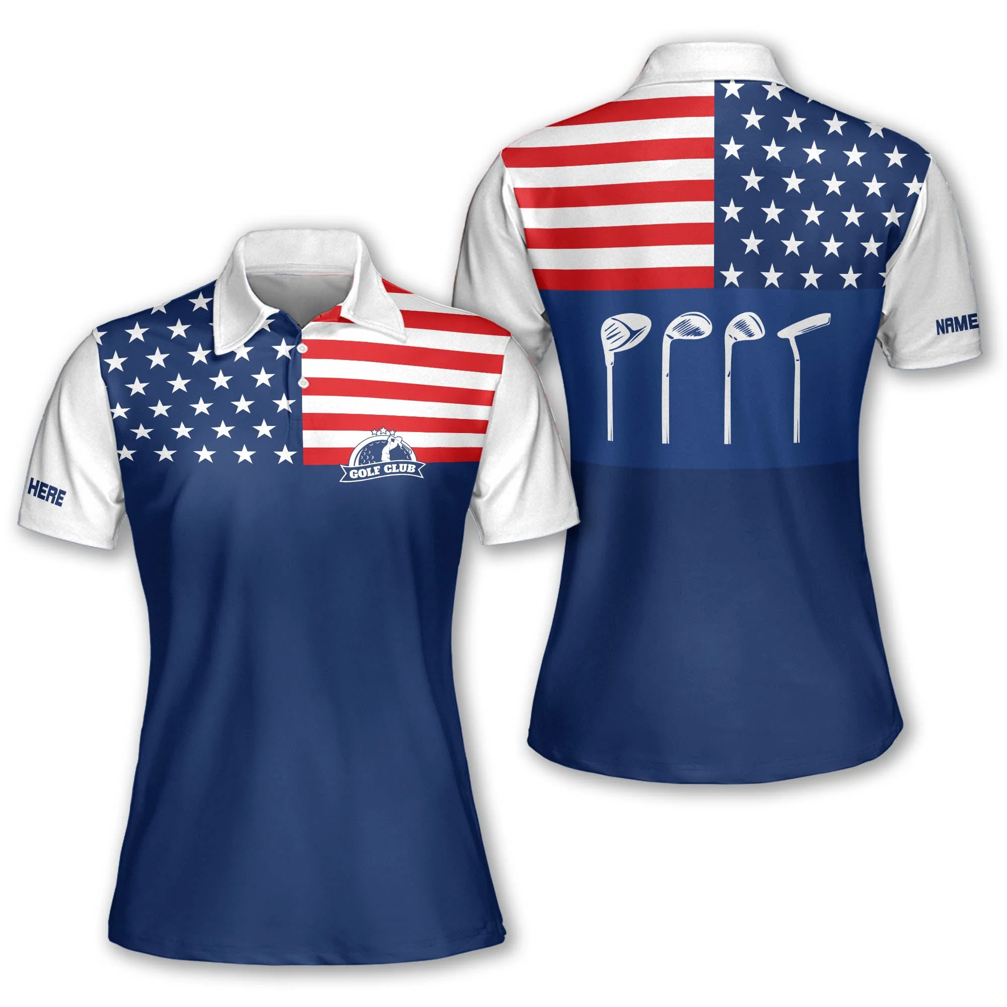 Lady Squad America Flag Custom Name Golf Shirt, Golf Shirt For Women, Ladies Golf Polos